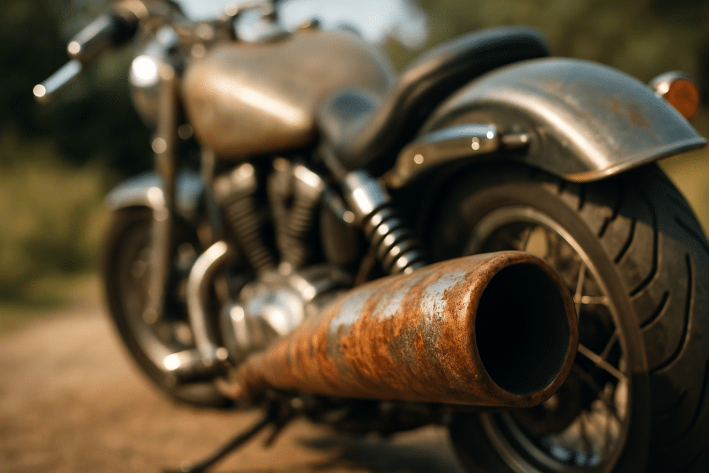 Scarico di moto pesantemente arrugginito con segni di ruggine marrone sul tubo di scappamento.
