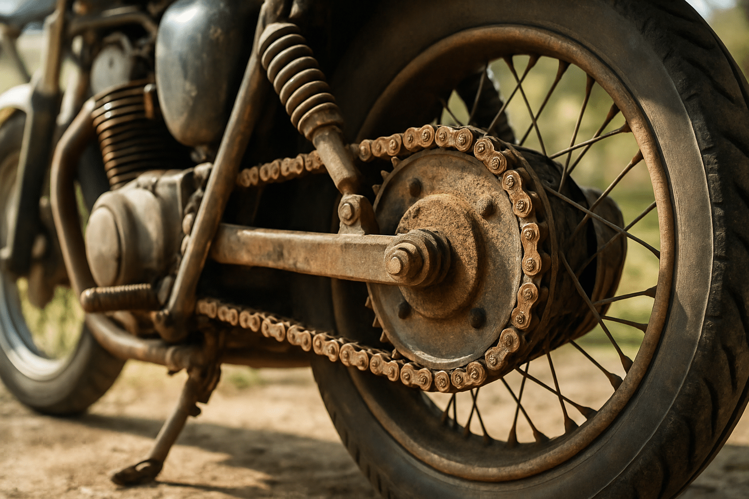 Catena da moto arrugginita sulla ruota posteriore e pignone su una vecchia moto all'aperto.

