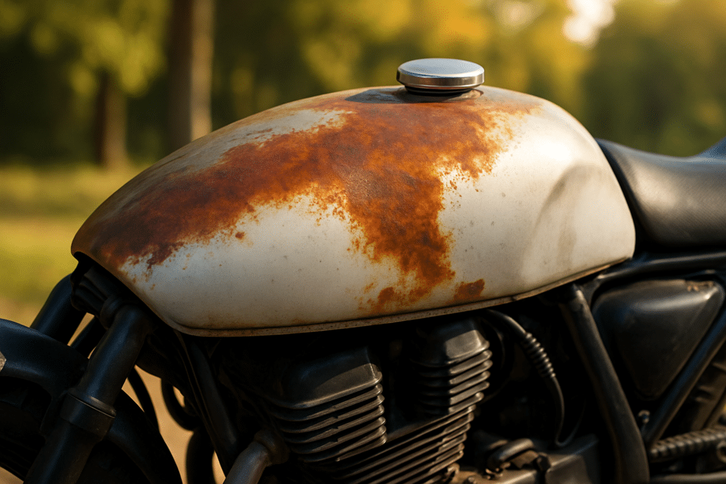 Serbatoio di moto pesantemente arrugginito con ruggine visibile sulla superficie verniciata.
