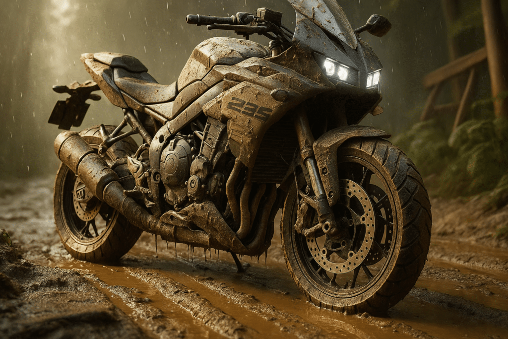 Moto totalmente cubierta de barro: Moto muy embarrada en uso todoterreno: plantilla perfecta para una limpieza a fondo.