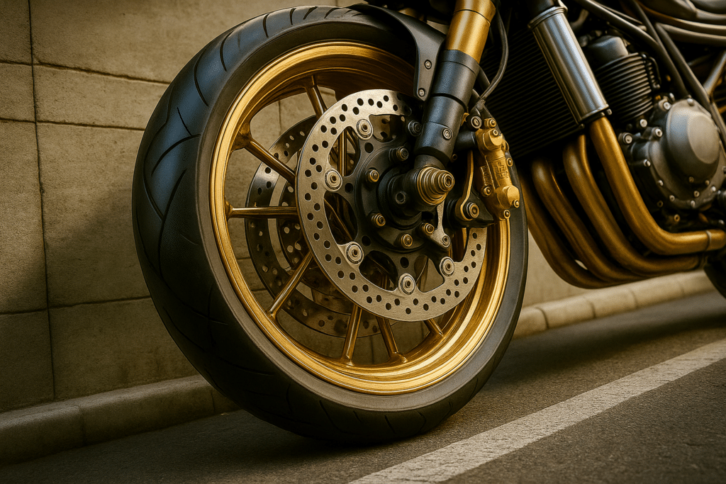 Llanta de aluminio impecable con disco de freno después de usar limpiador de aluminio para moto y abrillantador de metales, es un ejemplo de cómo limpiar y mantener correctamente el aluminio de una moto.