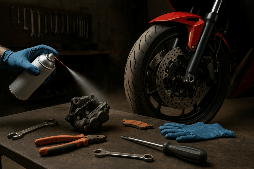 Escena de taller profesional con moto, pinza de freno desmontada para su limpieza, herramientas y limpiador de frenos en el banco de trabajo, centrada en el mantenimiento a fondo de los frenos de la moto.