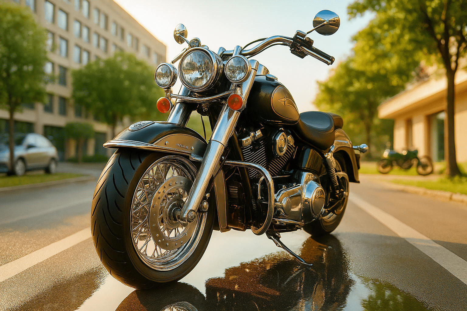 Chopper-Motorrad mit glänzenden Chromteilen, perfekt gepflegt durch Motorrad Chrom Politur und regelmäßige Materialpflege, aufgenommen nach der Reinigung bei Sonnenuntergang.