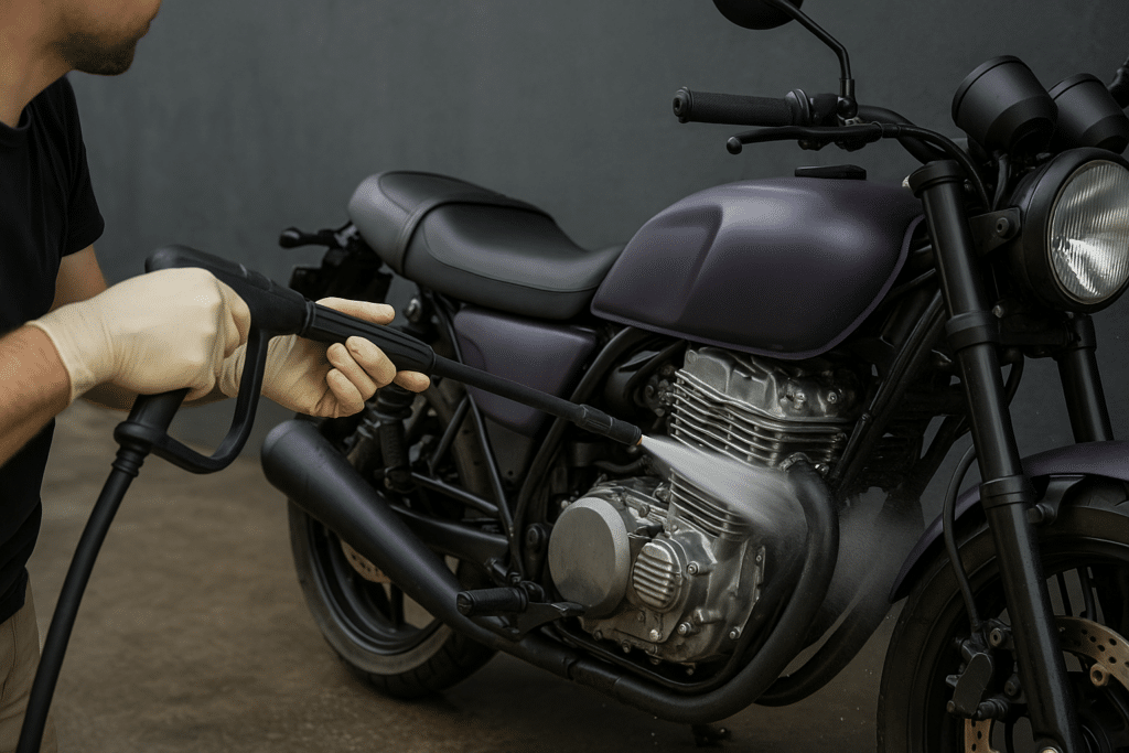 Pulizia del motore della moto con idropulitrice - pulizia esterna sicura per lo sporco più grossolano.