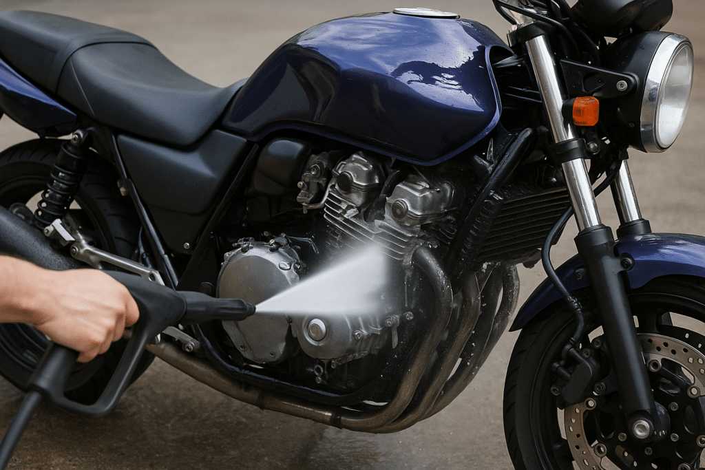 Pulizia del motore della moto con idropulitrice - pulizia efficace in caso di sporco intenso.