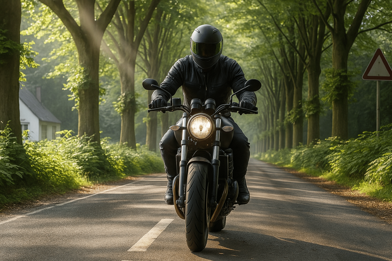 Motorcyclist on a country road, taken head-on, riding after cleaning the windshield and polishing the headlights.
