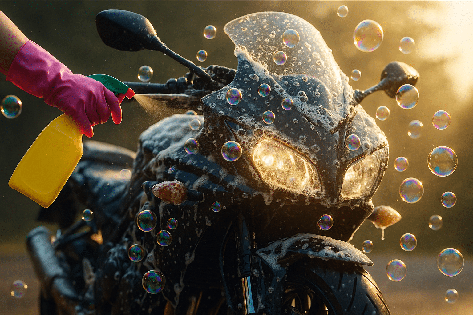 Sportliches Motorrad mit Frontscheibe wird mit Sprühflasche gereinigt, Schaum und Seifenblasen spiegeln im Sonnenlicht.