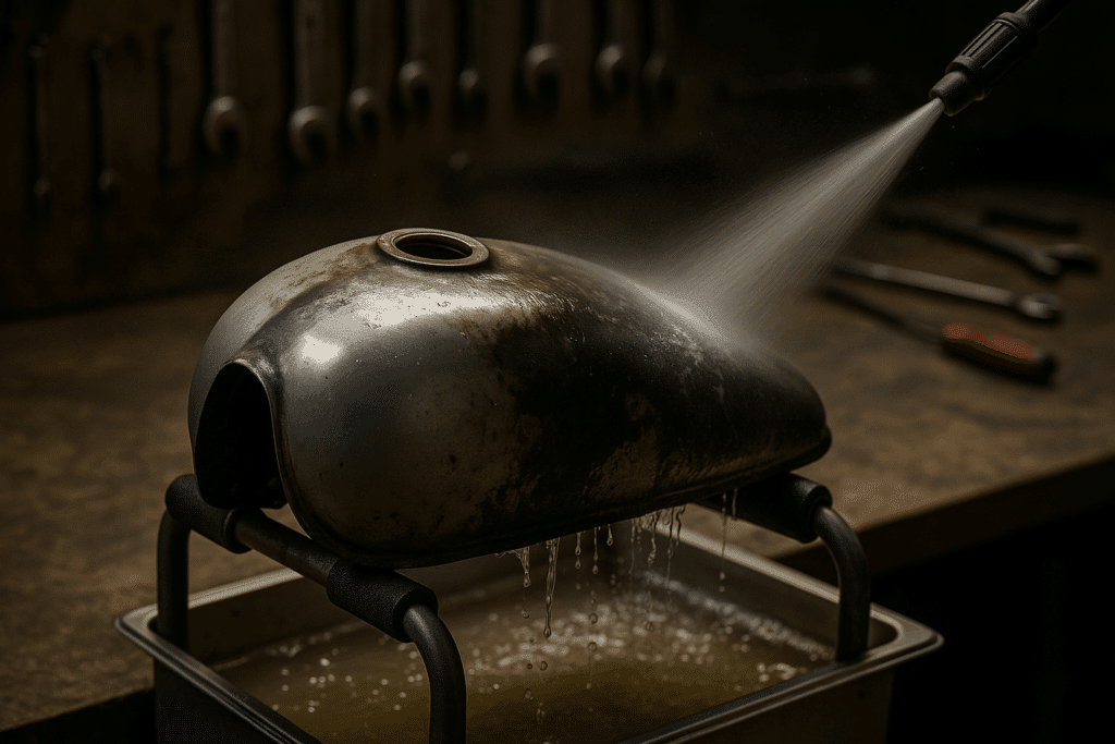 Motorcycle tank being cleaned with a high-pressure cleaner in the workshop. Side view with water jet, dirt and drops. 

