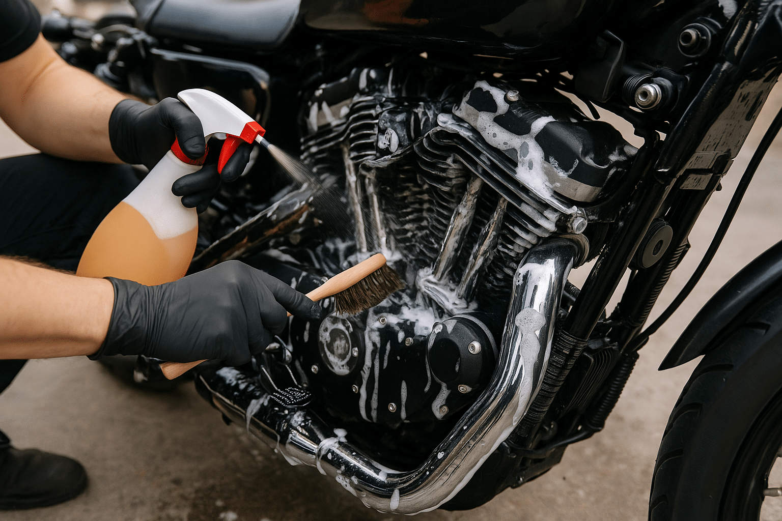 Motorrad Motor mit Bürste reinigen – gründliche Handwäsche bei Carbon- oder Chromteilen.