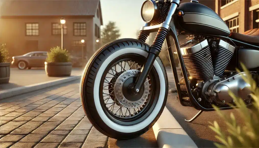 Pulizia di pneumatici bianchi su una moto. Moto con pneumatico anteriore e cerchio ben visibili su una strada. 