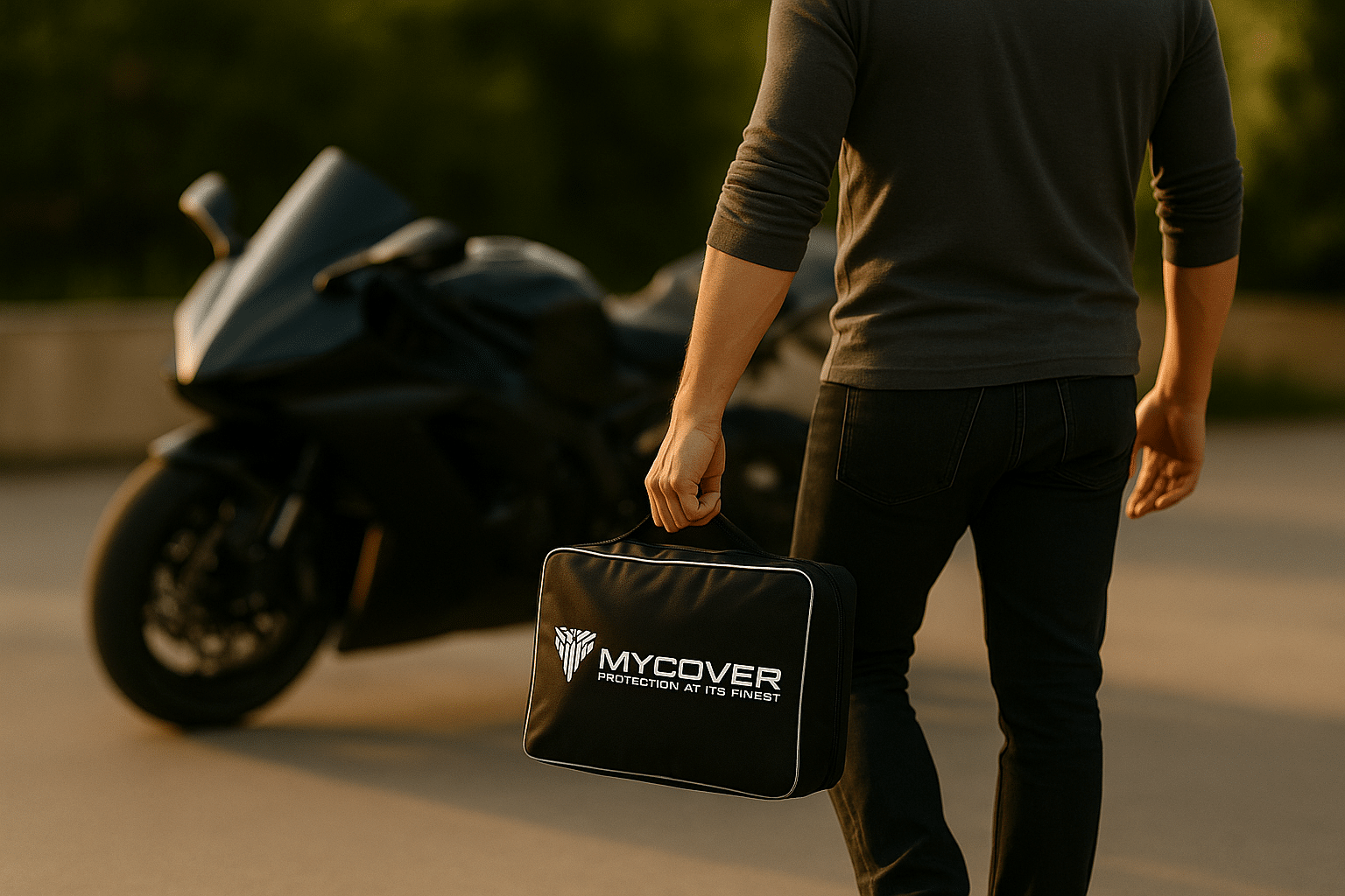 Man walks up to a matt black motorcycle carrying a MYCOVER bag with a Motorcycle covers to protect it from the weather and scratches.