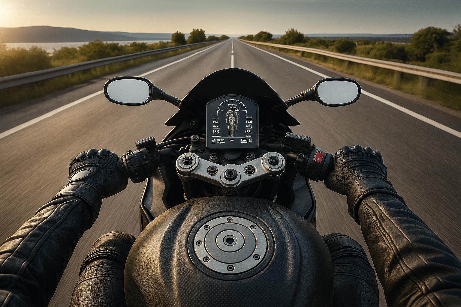 Motorradfahrer auf offener Straße der Blick aus der Fahrerperspektive mit digitalem TFT-Display.