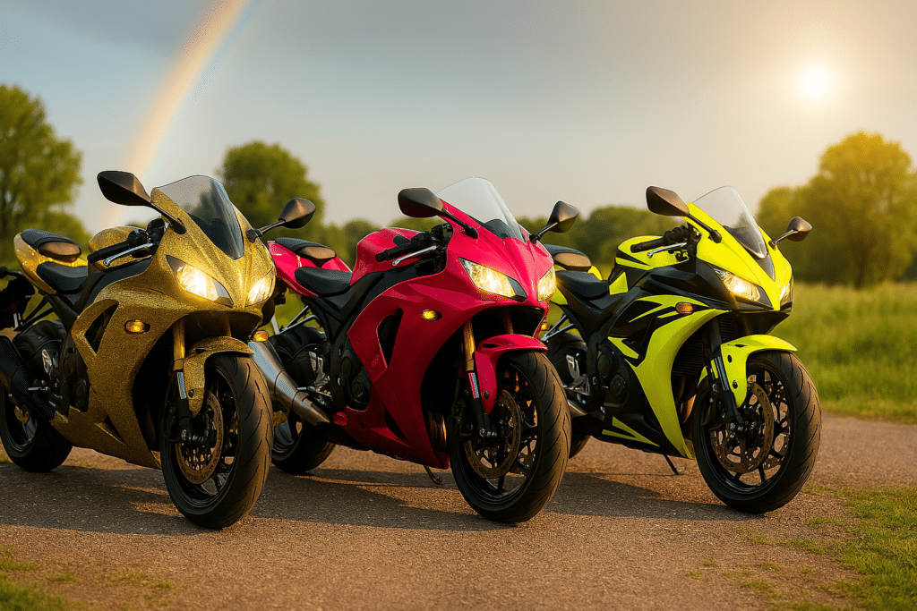 Pintura de moto en dorado, rosa y amarillo neón al atardecer con un arco iris de fondo.
