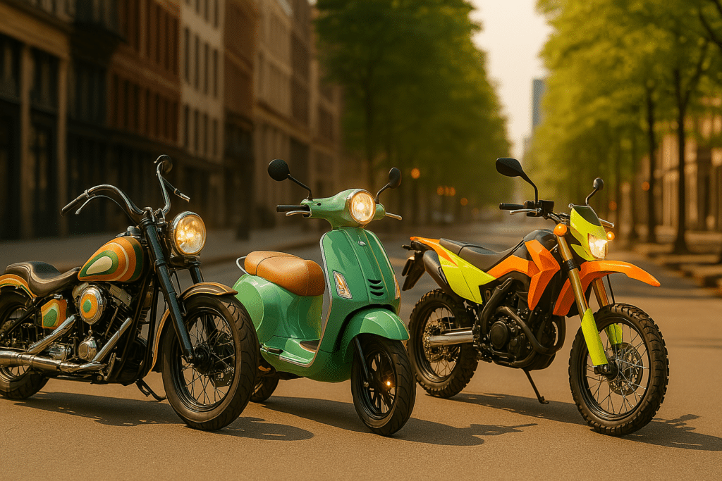 Tres vehículos de dos ruedas con una pintura de moto única bajo el sol de la ciudad: una clásica Chopper de diseño retro, un elegante Scooter en verde menta y una moto de cross de colores brillantes, todos con las luces encendidas y mucho carácter.