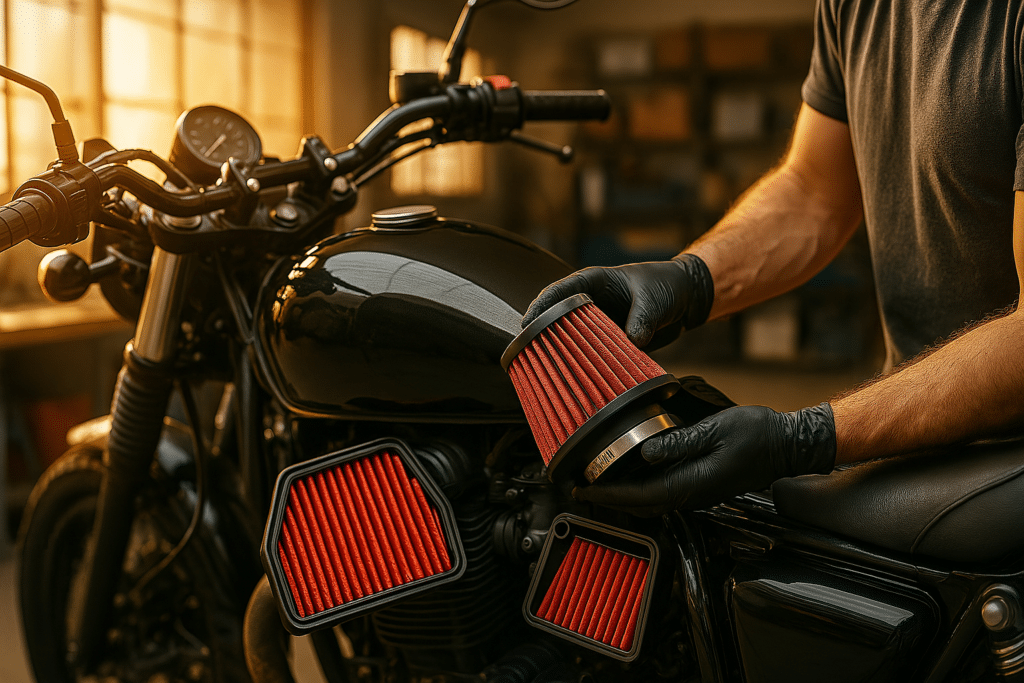Mecánico cambiando un filtro de aire en una moto en un taller luminoso - atención al filtro, al trabajo de los tornillos y a la moto en buen estado.