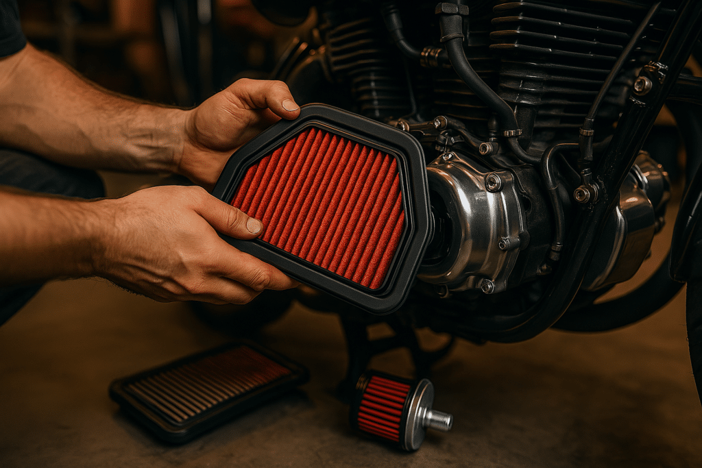 Mecánico de moto instalando un nuevo filtro de aire - foco en el filtro de moto rojo, el bloque motor y el trabajo preciso en el taller.