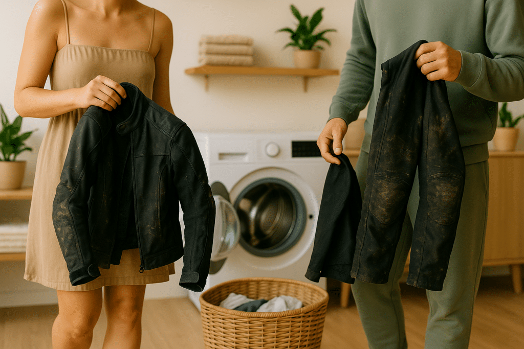 Pareja preparando la chaqueta y los pantalones de moto para lavarlos. Protectores quitados, ropa visiblemente sucia.