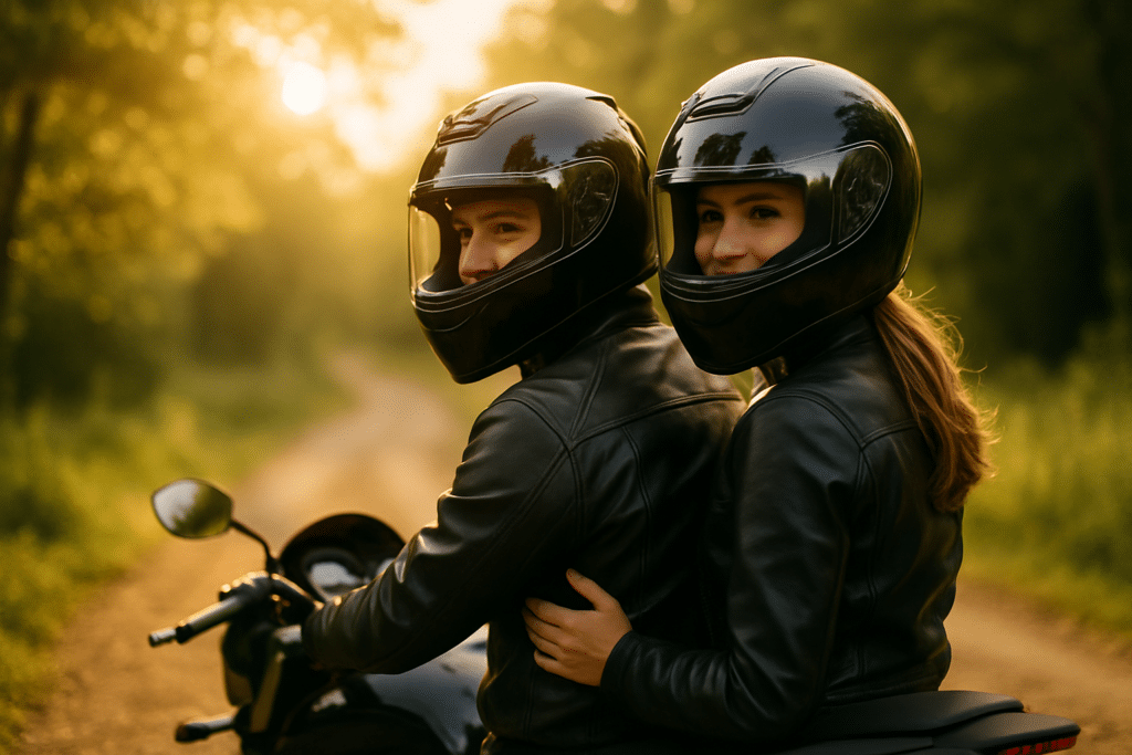 Couple à moto avec casques brillants au coucher du soleil