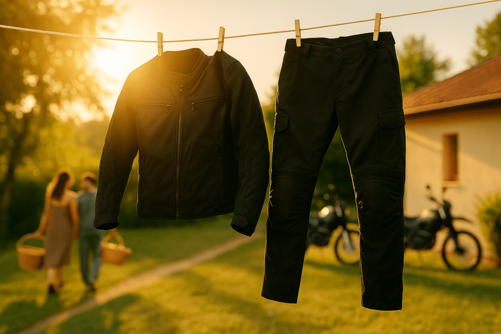 Chaqueta de moto y pantalón de moto limpios en el tendedero a la luz del atardecer, recién lavados, listos para el siguiente uso.