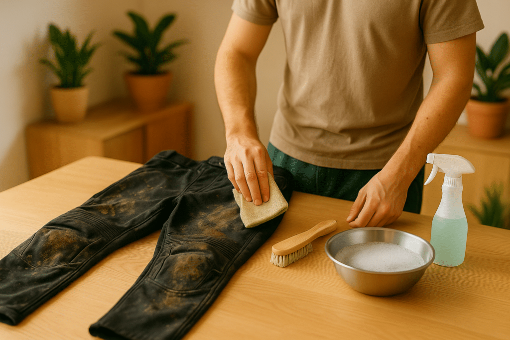 Los pantalones de moto se limpian a mano con una esponja y detergente suave.