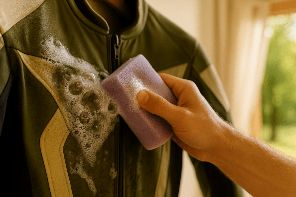Primer plano: Una mano con una esponja morada limpia el mono de moto con agua jabonosa; se ven burbujas de jabón de colores. Cómo limpiar tu traje de cuero a fondo y con suavidad.
