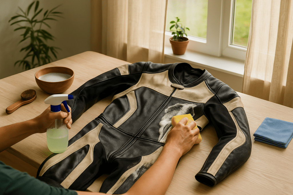 Traje de cuero de motorista tumbado sobre una mesa, siendo limpiado a fondo con una esponja y una botella de spray.