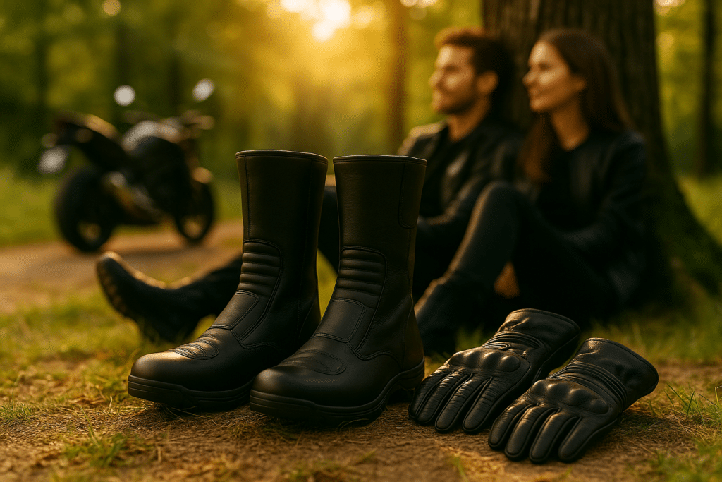 Botas de moto recién limpiadas y guantes de moto limpios delante de un árbol, con una pareja de fondo. Imagen simbólica de limpieza y cuidado satisfactorios