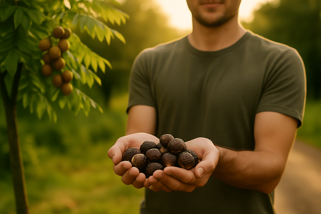 Hombre con nueces de jabón en las manos, al fondo árbol de nueces de jabón al atardecer, alternativa natural para limpiar la ropa de la moto
