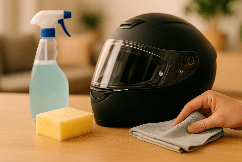 Casque de moto avec accessoires de nettoyage sur table en bois
