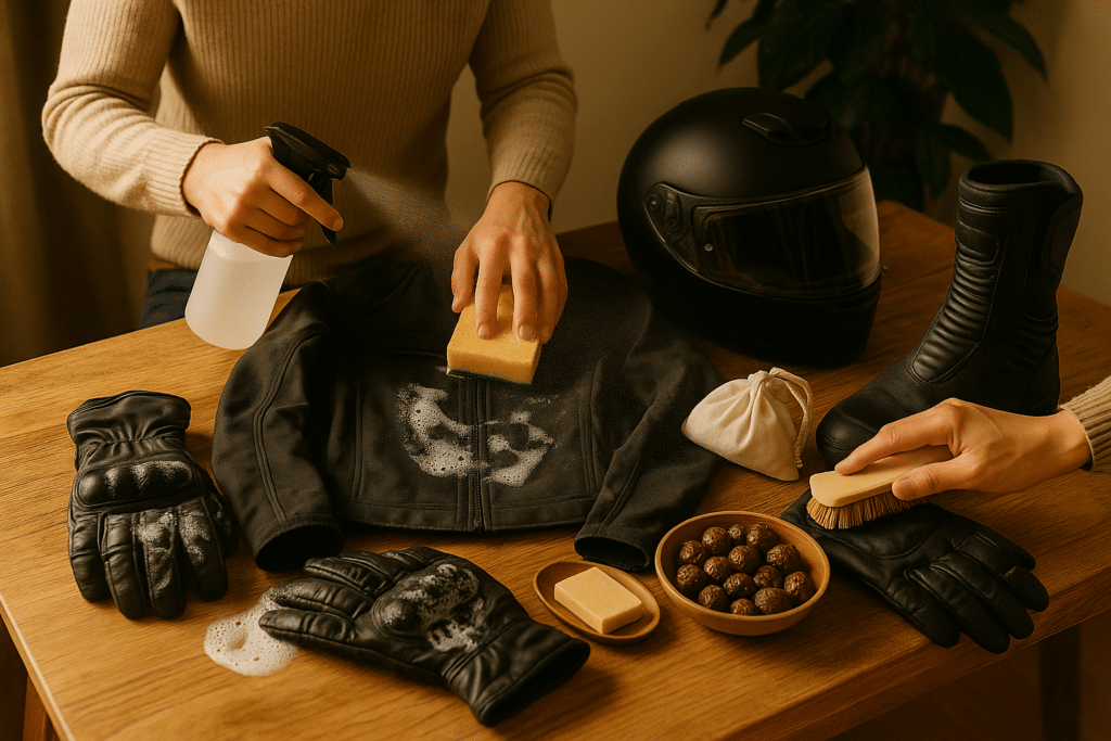 Lava gli indumenti da moto con una spugna e un flacone spray - Pulisci giacca, guanti e stivali