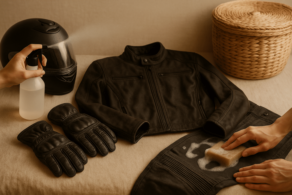 Lava gli indumenti da moto con un flacone spray e una spugna su giacca, pantaloni, guanti e casco.