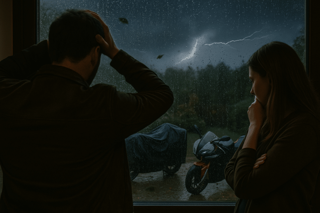 Un couple observe leurs motos dans la tempête à travers une fenêtre mouillée par la pluie. Une bâche a à moitié glissé, l'autre manque déjà. Des feuilles volent dans l'air, un éclair illumine le ciel sombre. Expériences de bâche pour moto