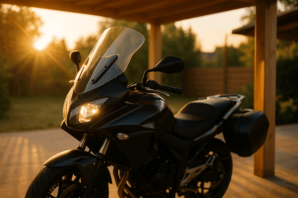 Motorcycle in the carport, windshield in the evening light. All motorcycle windshield scratches have been removed. 