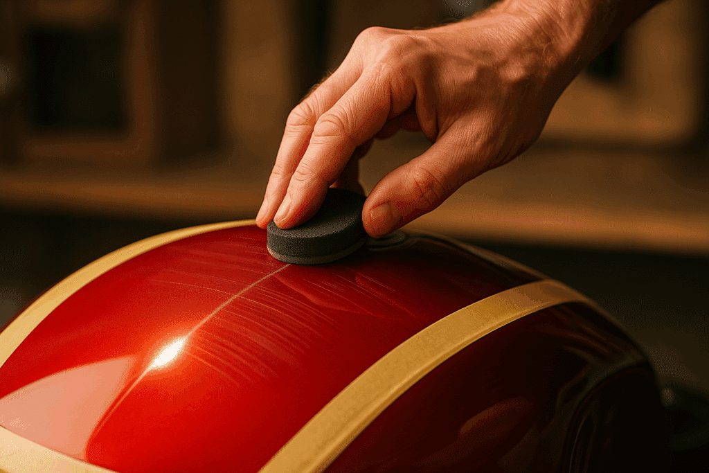 Hand polished tank masked with foam applicator. How to remove motorcycle tank scratches. 