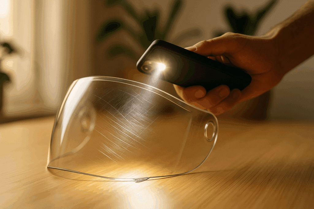 Dismantled visor under smartphone light. Remove motorcycle helmet visor scratches, make scratches visible. 
