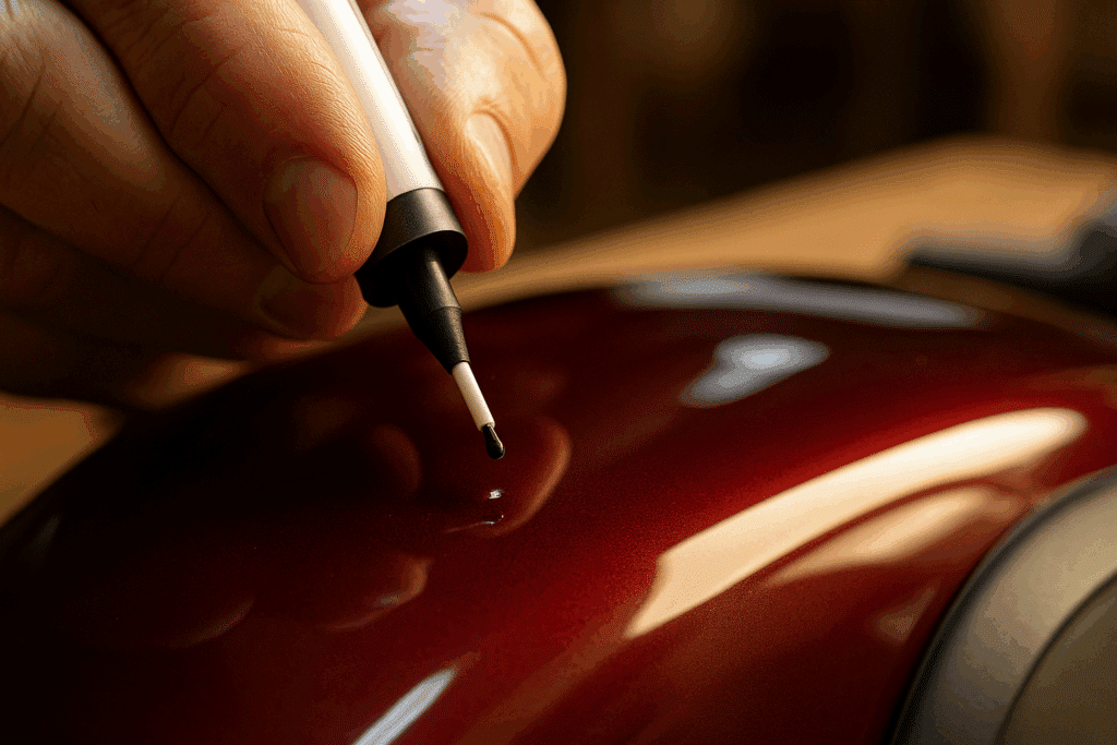 Spot repair on the motorcycle tank is filled precisely with a touch-up pen.
