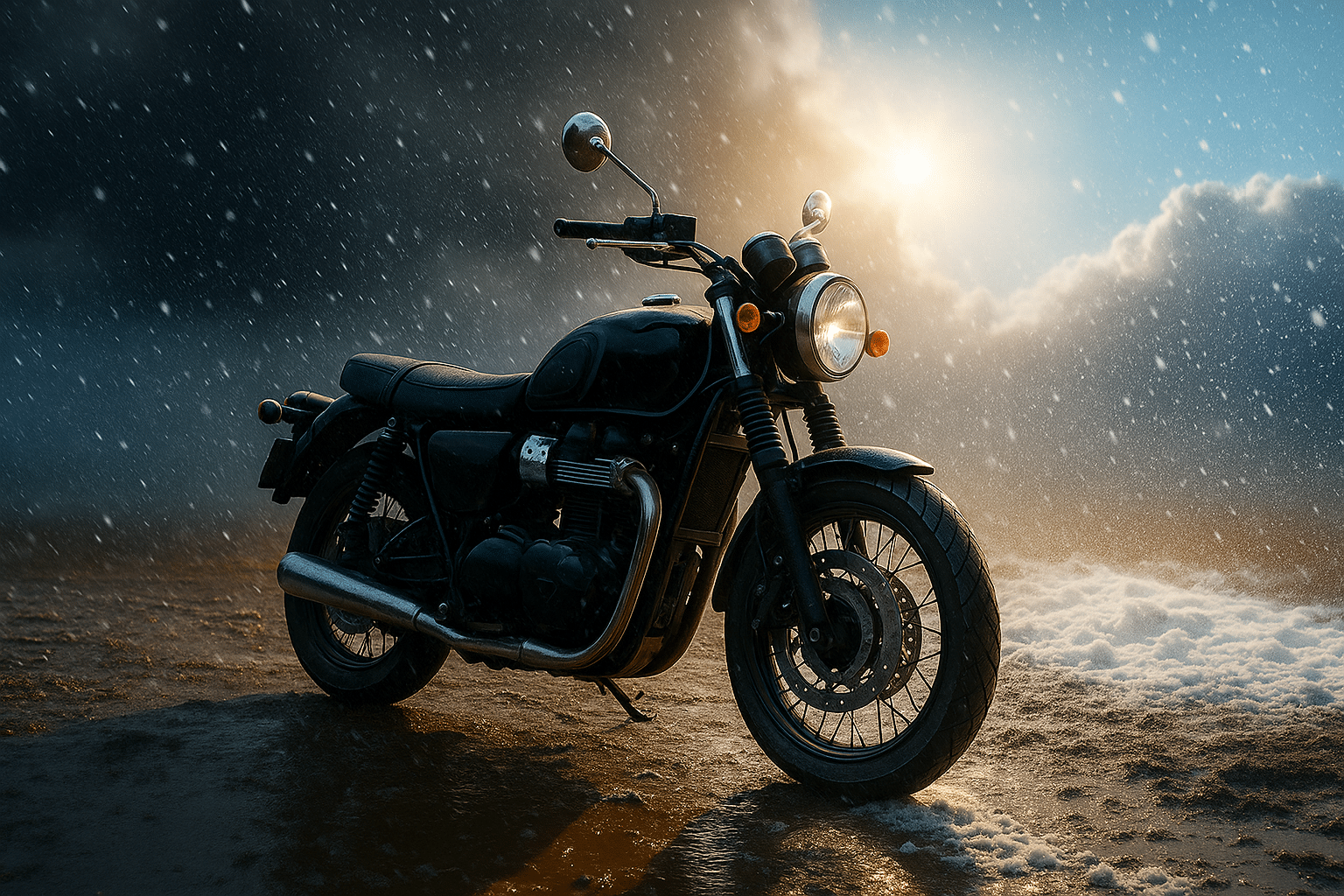 Motorrad steht ungeschützt im Freien bei Sonne, Regen und Schnee, Symbolbild für Motorrad Abdeckplane Test und Vergleich.