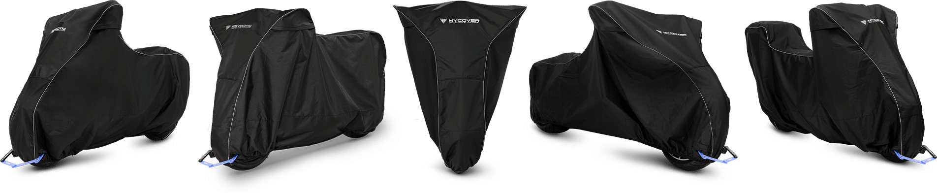 Cette image illustre la diversité des Housses d'extérieur MYCOVER. On peut voir cinq véhicules couverts, dont une moto, un scooter et un chopper.