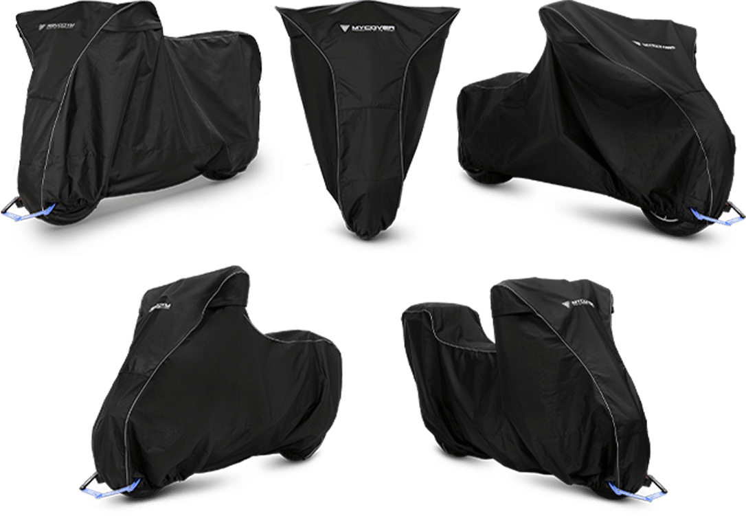 Cette image illustre la diversité des Housses d'extérieur MYCOVER. On peut voir cinq véhicules couverts, dont une moto, un scooter et un chopper.